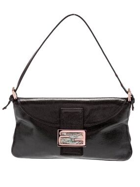 Vintage Fendi Black Baguette Bag with Rose Gold and Pearl Buckle